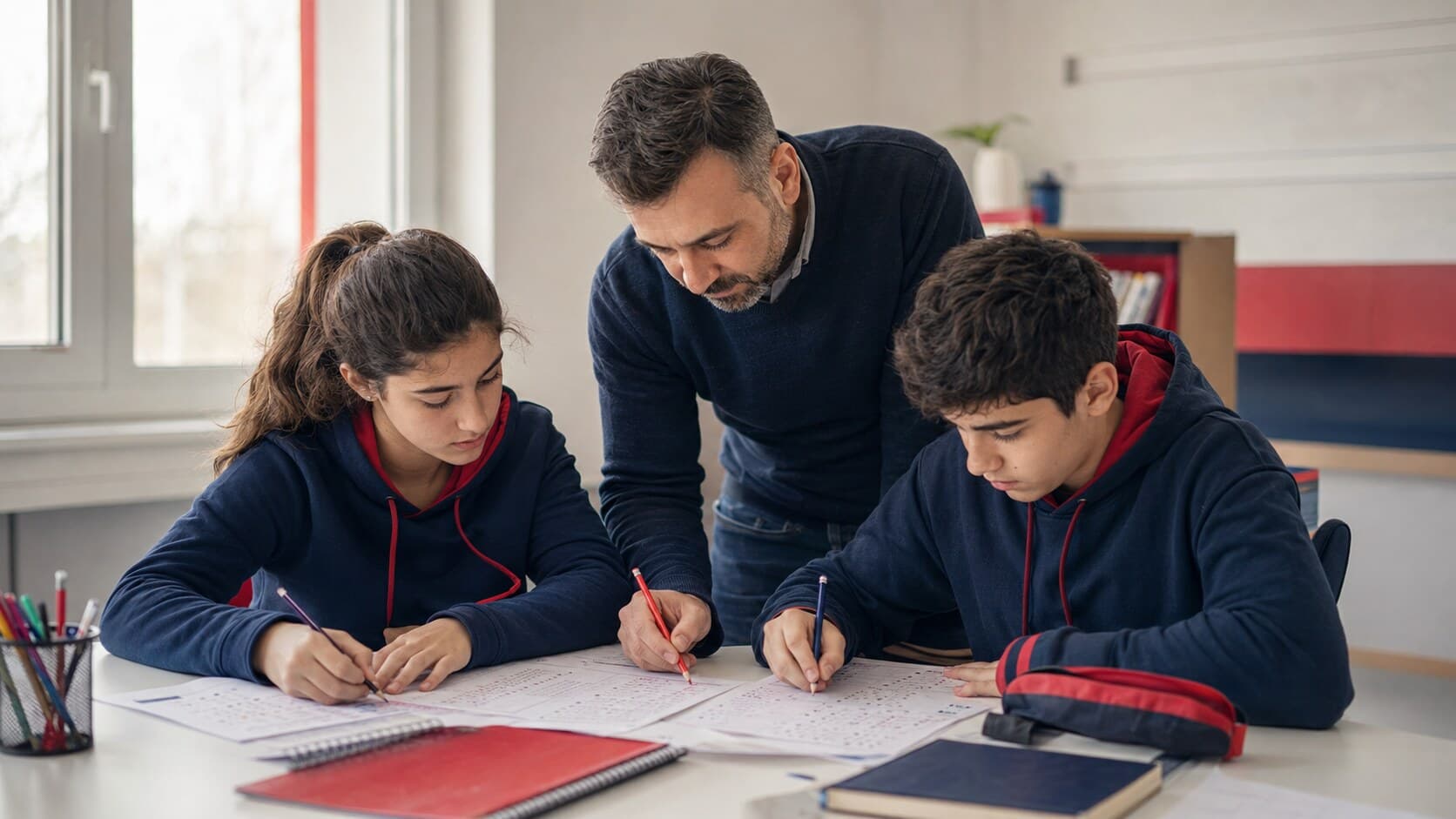 Deneme sonuçlarını adım adım analiz eden öğrenciler ve öğretmen