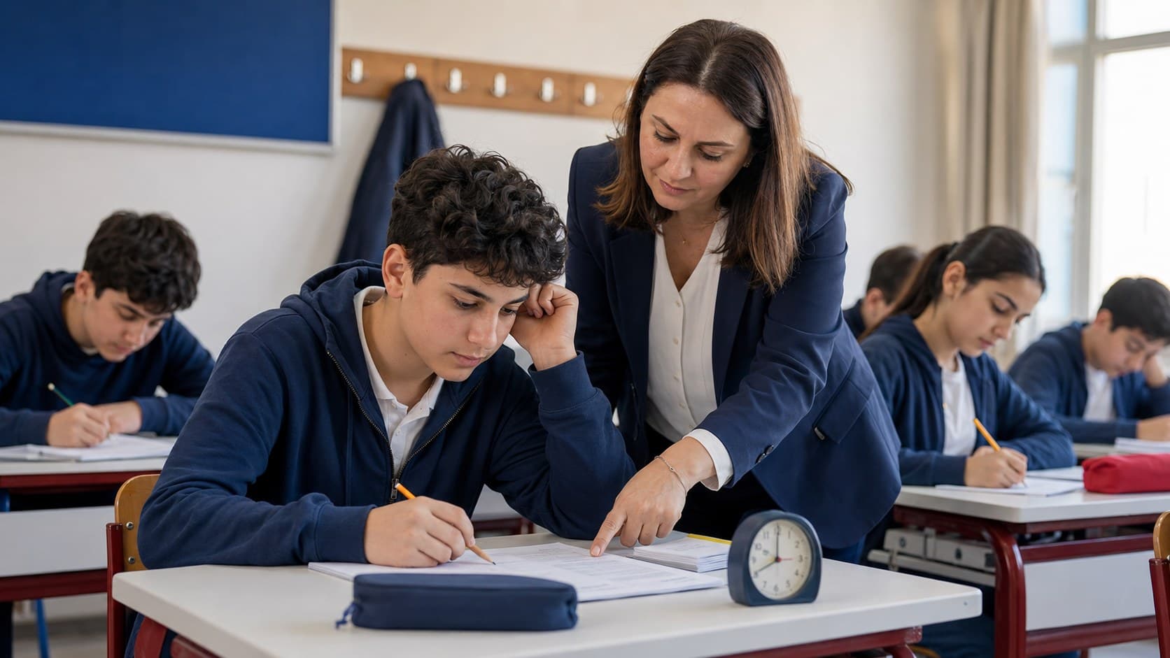 Türkçe paragraf ve süre çalışmasını öğretmeniyle yapan LGS öğrencisi