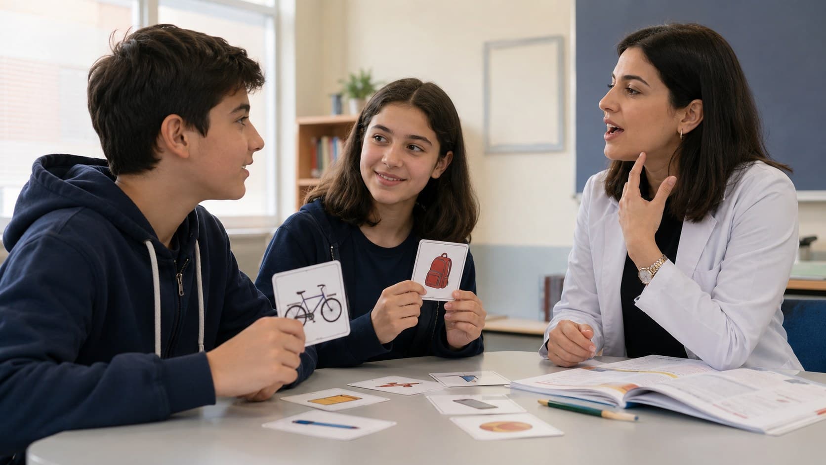 İngilizce diyalog ve görsel kart çalışması yapan ortaokul öğrencileri