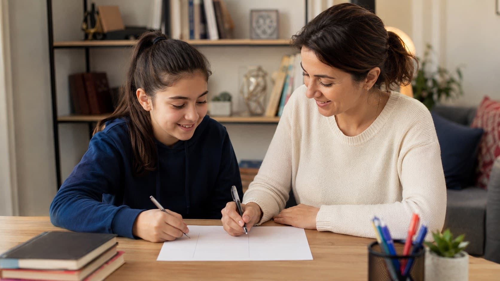 Evde ortak çalışma düzeni hazırlayan ortaokul öğrencisi ve velisi