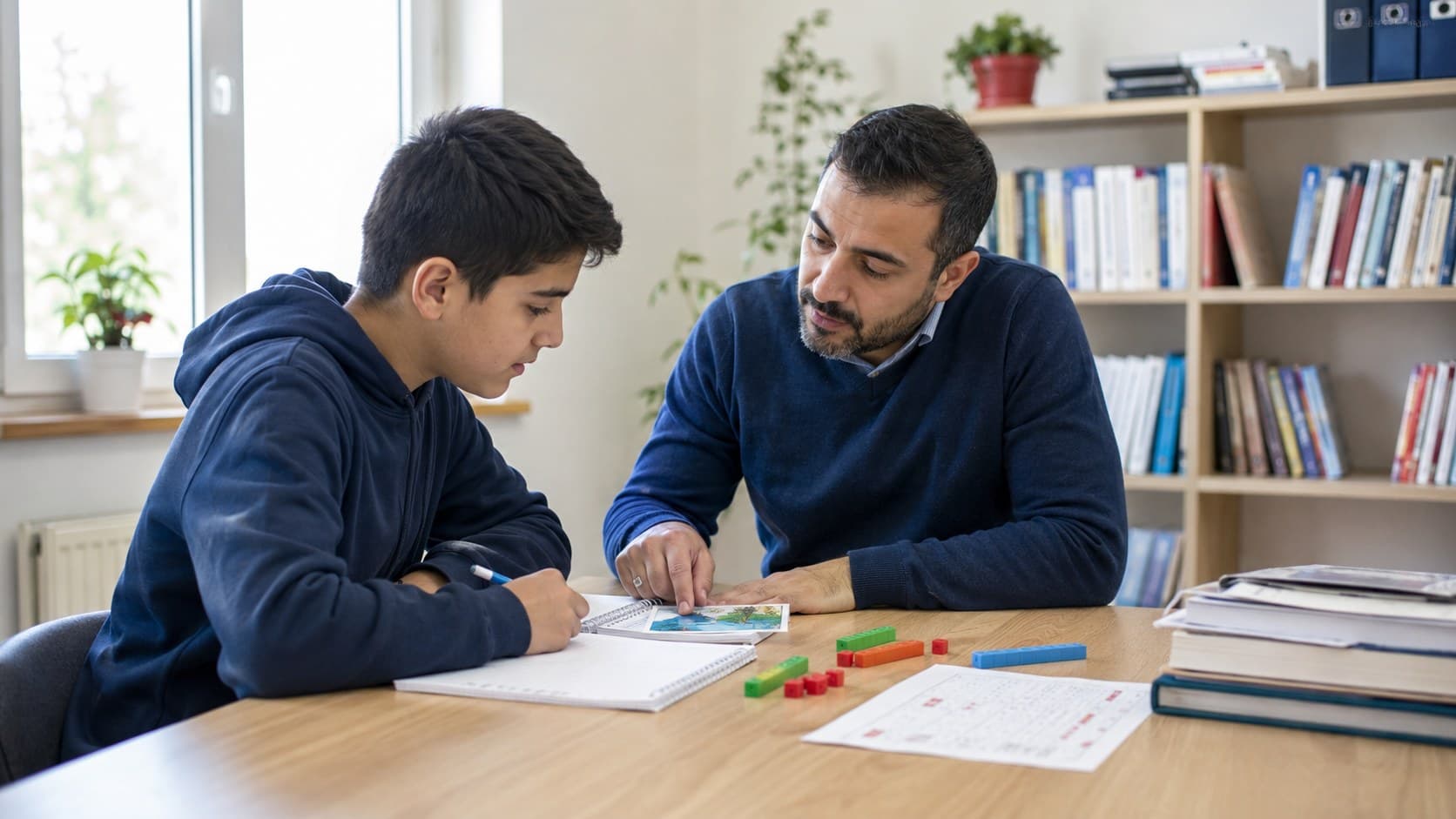 Temel eksiklerini öğretmeniyle birebir değerlendiren ortaokul öğrencisi