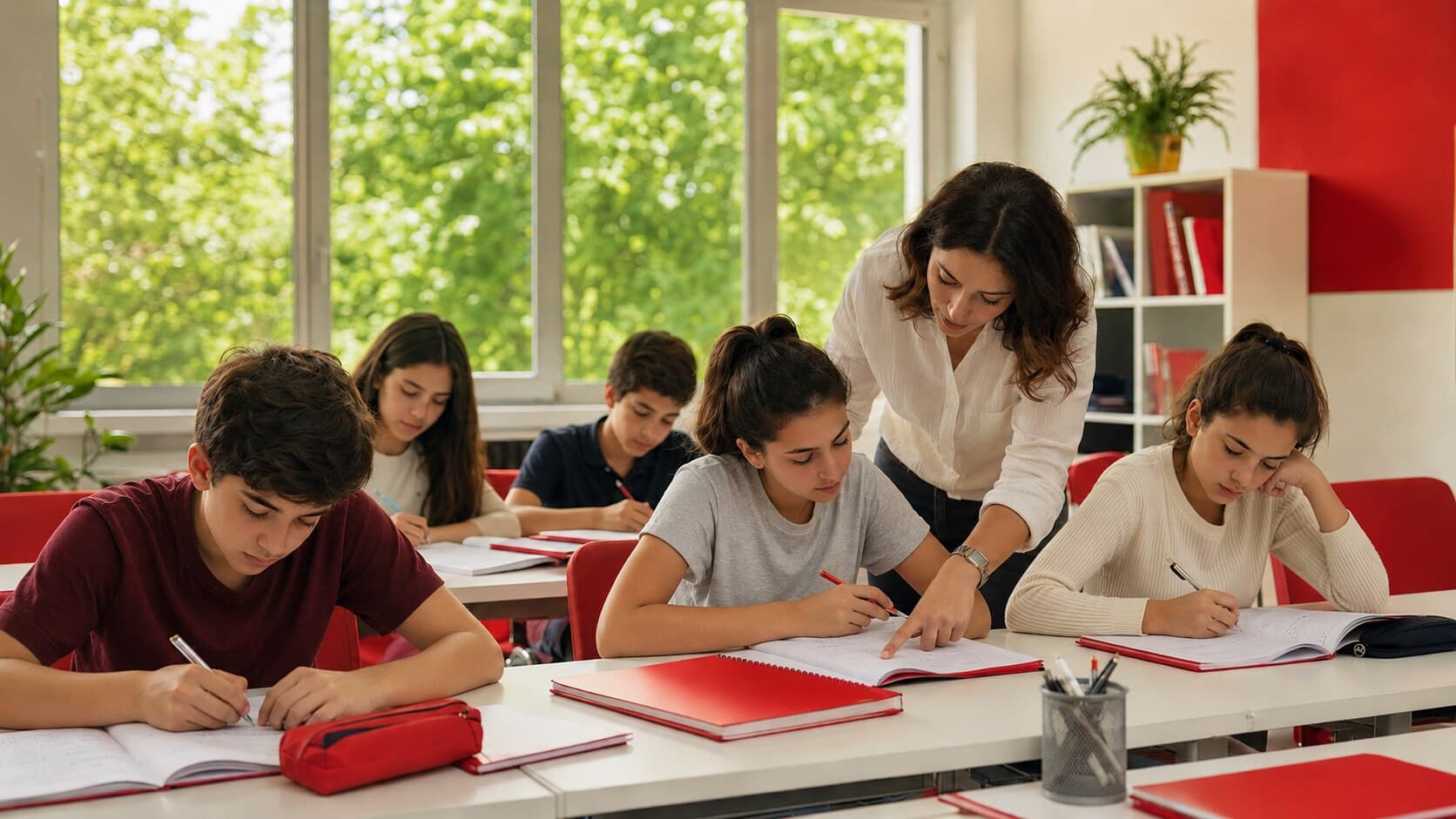 Isparta Limit LGS yaz kursunda öğretmeniyle çalışan ortaokul öğrencileri