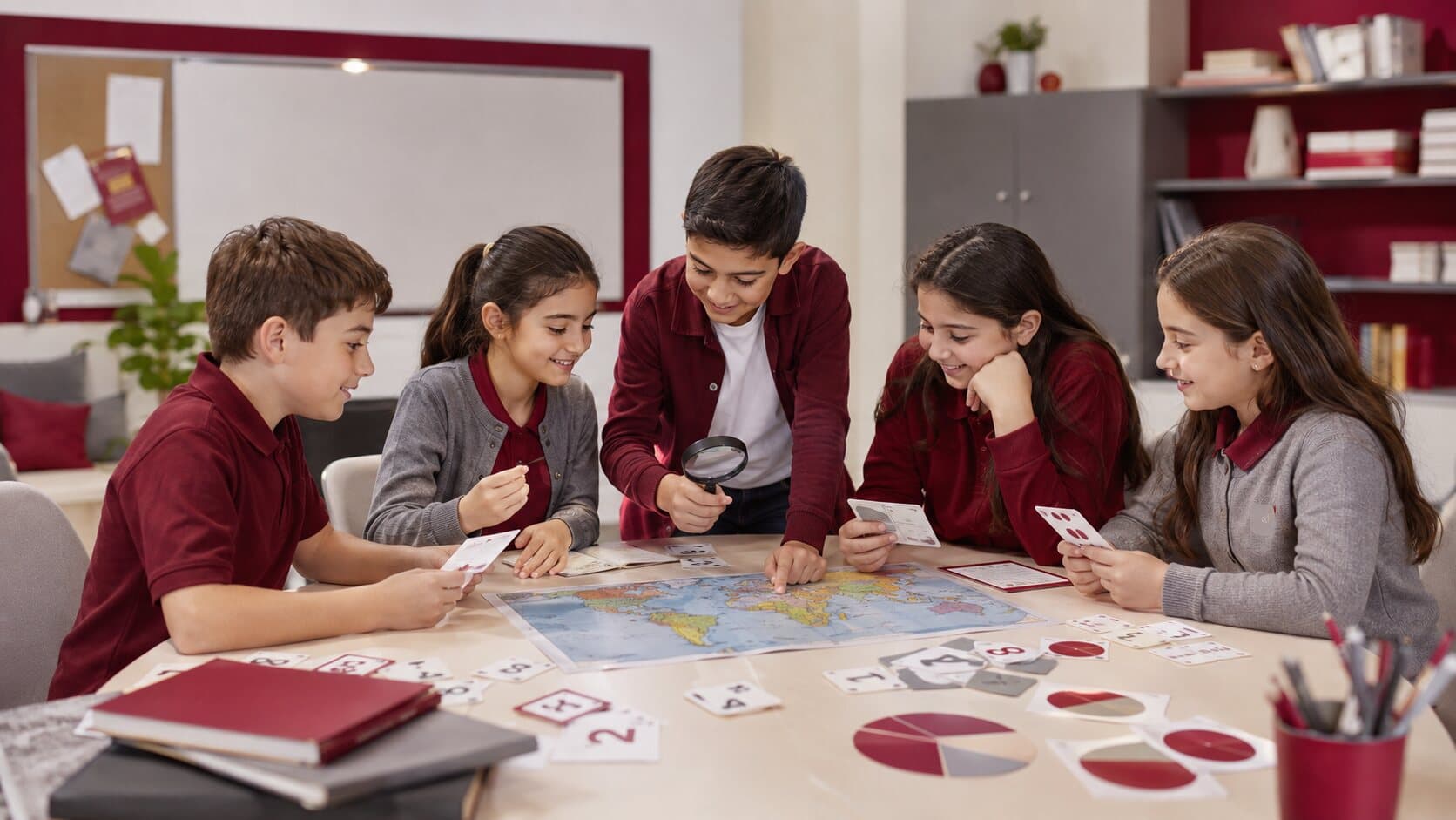 Harita, sayı kartları ve okuma materyalleriyle çalışan beşinci sınıf öğrencileri