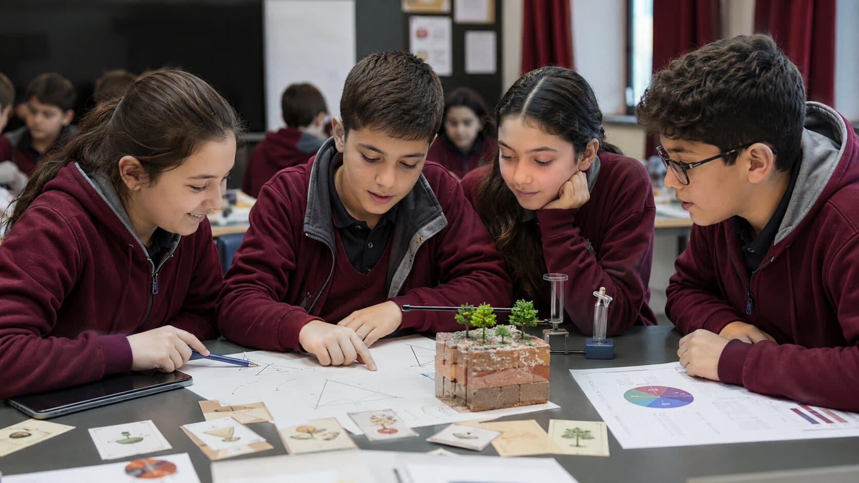Fen modeli, geometri ve veri grafikleri üzerinde çalışan altıncı sınıf öğrencileri